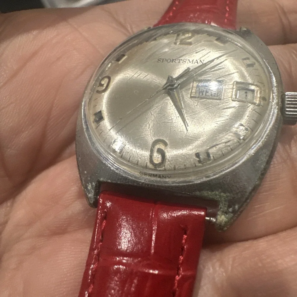 Working Vintage Sportsman Mens‎ Day Date Red Mechanical Watch Germany 34mm Fit 8